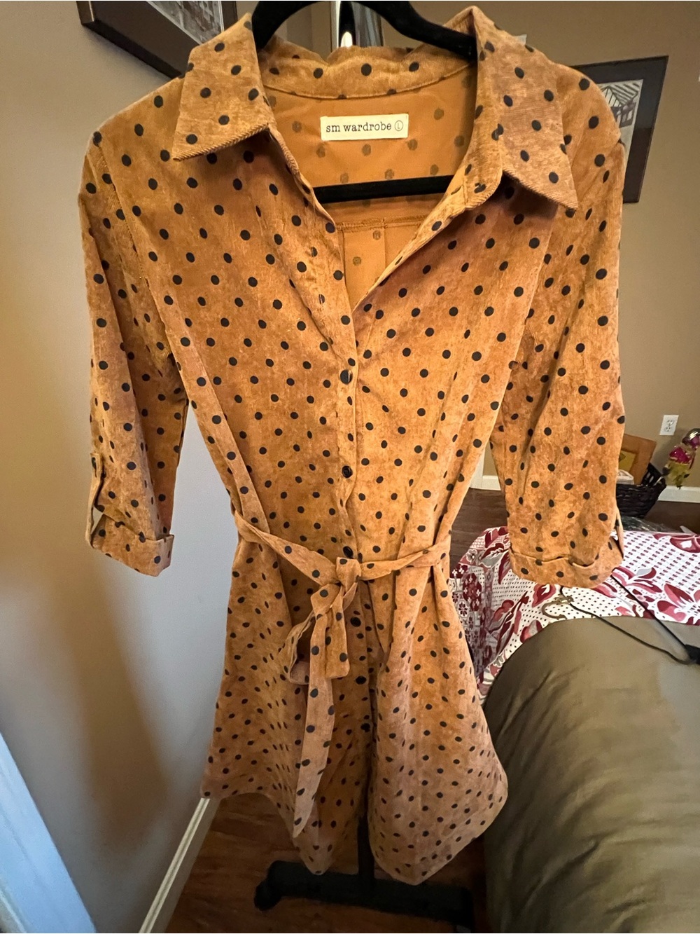 SM Wardrobe Tan Polka Dot Midi Shirt Dress with Tie Belt